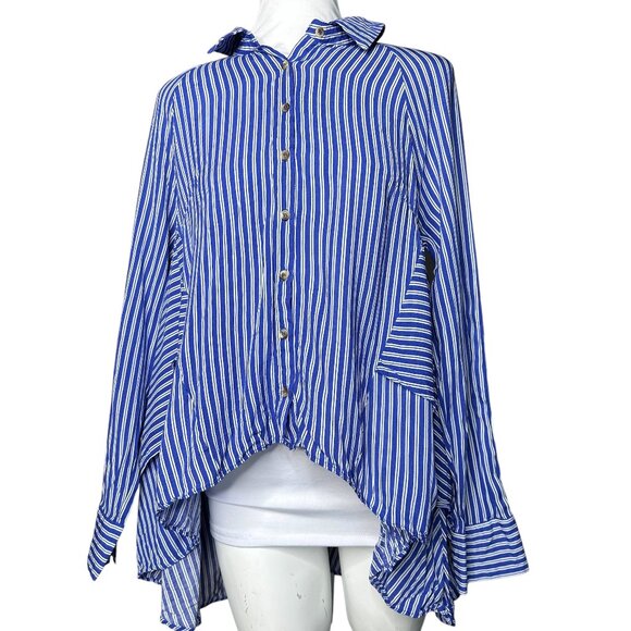 Everly Small blue white stripe button down top blouse - Picture 1 of 7